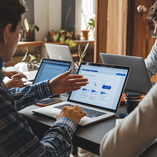 A content marketer using a laptop and guiding a development team