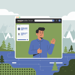 A digital illustration of an Amazon Seller Forum with a moderator wearing a blue shirt