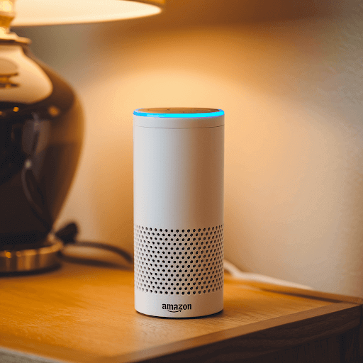 An Amazon Echo device with a blue ring around the top