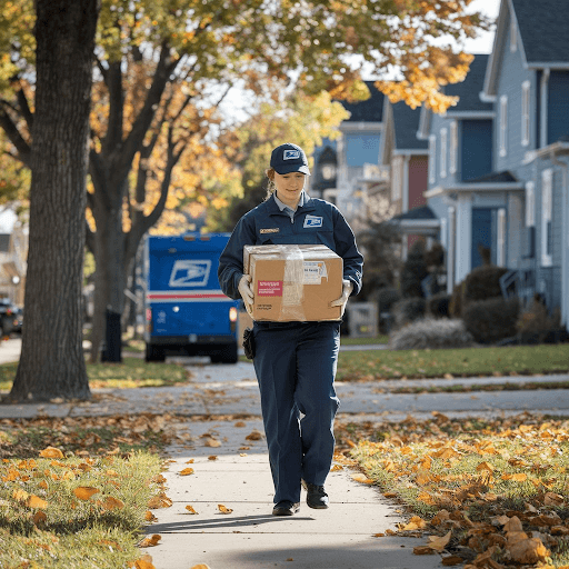 A USPS mail carrier delivering packages on a sunny day