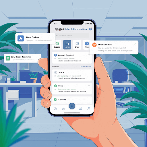 A digital illustration of a person's hand holding a smartphone with the Amazon Seller Forums