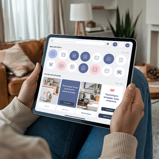 A person holding a tablet with the Amazon Brand Story app open