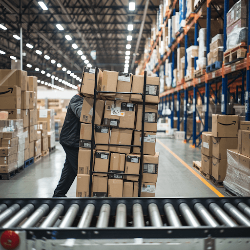 A warehouse filled with Amazon packages