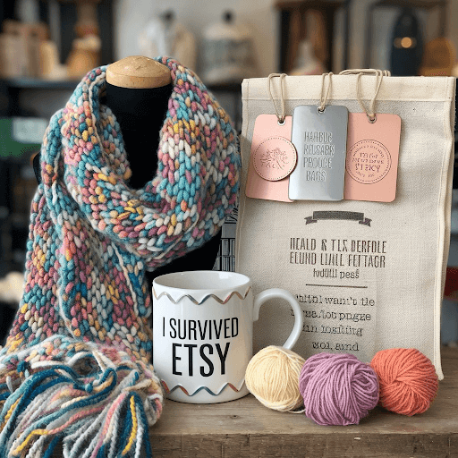 Various Etsy items on a wooden surface