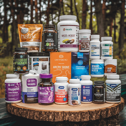 Various supplements placed on a wooden table