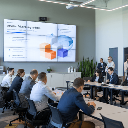 a conference displaying the Amazon Advertising Updates presentation