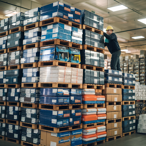  A photo of a large stack of Amazon return pallets