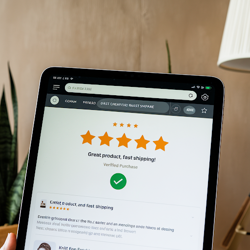 A tablet screen displaying the Amazon app with a 5-star rating and a review text